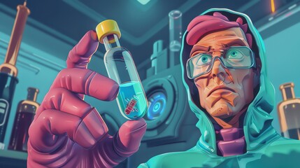 An astrophysicist securely holds a vial containing a rare isotope, its radioactive decay providing valuable insights into the origins of the universe, as they embark on a cosmic odyssey - obrazy, fototapety, plakaty