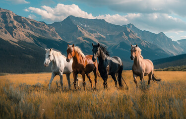 Herd of Horses Against Mountain Backdrop