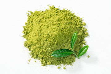 matcha green tea powder with tea leaf on white background.