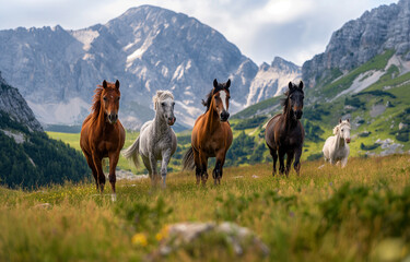 Herd of Horses Against Mountain Backdrop