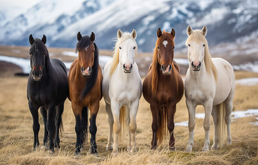 Herd of Horses Against Mountain Backdrop