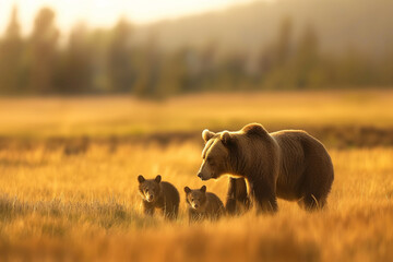 Mother Bear and Cubs in Golden Meadow