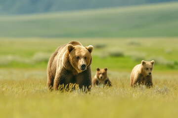 Brown Bear Family in Lush Green Meadow by Lake