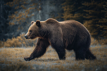 Majestic Brown Bear Strolling Through Autumn Meadow