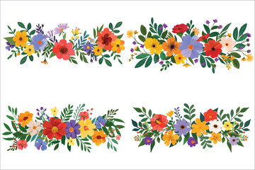 Colorful floral flowers branches, Flower ornament border, Vintage floral set, Set of colorful banners, Beautiful summer floral decoration, Flowers and leaves vector, Set of floral ornaments