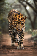 Leopard Stalking in Forest on a Dusty Trail