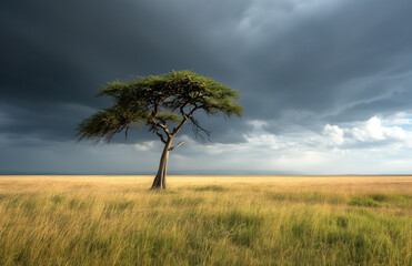 Obraz premium Solitary Tree in Savannah under Stormy Skies