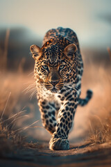 Leopard Approaching Through Savannah at Sunset