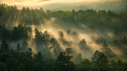 Sunrays Filtering Through Misty Forest at Dawn