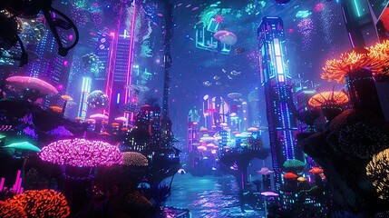 underwater cityscape with neon coral reefs, futuristic marine life - obrazy, fototapety, plakaty