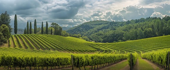 Panoramic View of Lush Vineyard Rows Under Cloudy Sky