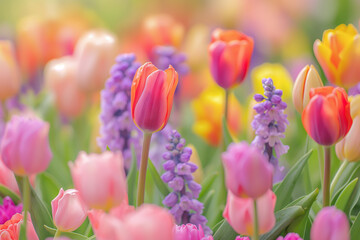 Vibrant Tulips and Lavender Flowers Blooming in Spring Garden