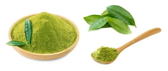 set of matcha green tea powder with tea leaves and spoon on white background.