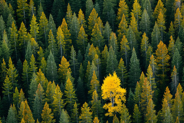 Fototapeta premium A solitary yellow deciduous tree stands out amid a sea of evergreen conifers, highlighting the striking contrast of autumn colors in the forest.