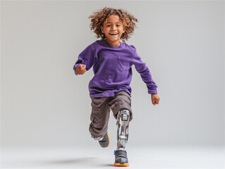 Disability Kid with Bionic robot leg moving active and happily, purple cloth isolated on white.   