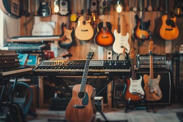 Portrait of a music store with instruments and guitars are displayed under yellow light with a vibrant classic view, Generative AI.