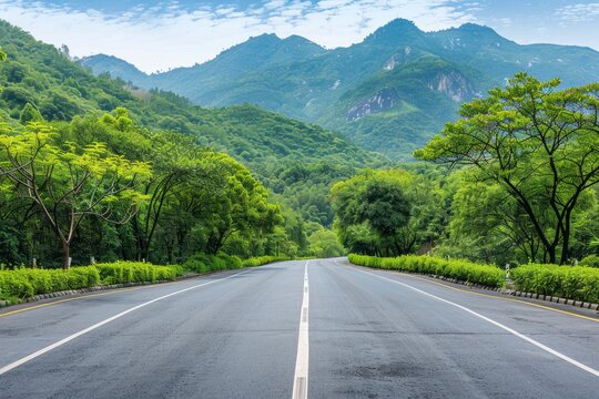 Asphalt road and green forest with mountain nature landscape in Hangzhou, China - generative ai