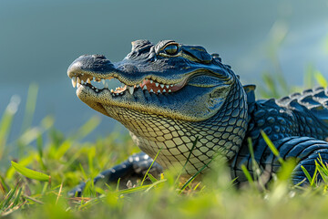 Obraz premium Smiling American Alligator in Grass Near Water