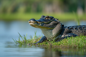 American Alligator Relaxing by the Water's Edge in Natural Habitat