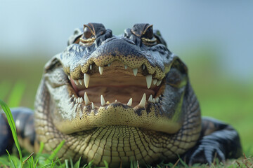 Obraz premium Close-Up of an Alligator Smiling with Sharp Teeth in Natural Habitat