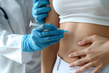 A close shot of a doctor applying fat dissolving injection to woman's belly with a blurry backdrop and big space for text or product advertisement, Generative AI.