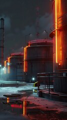 energy storage facility with neon indicators, high visibility at night, secure area