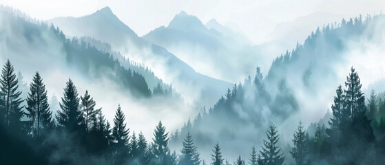 fogy pine forest in the morning - obrazy, fototapety, plakaty