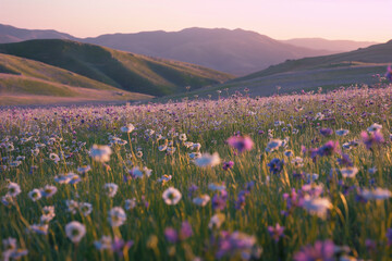 Serene Sunset over Lavender Wildflower Fields with Mountain Backdrop
