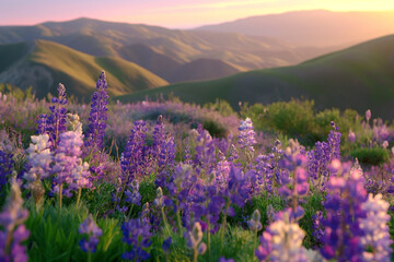 Sunset Glow on Purple Lupine Flowers in Mountainous Landscape