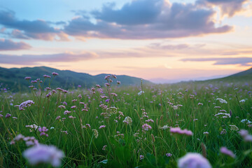 Dreamy Sunset Meadow with Blooming Wildflowers and Hills