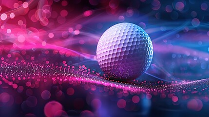 Golf ball over a vigorous, vibrantly colored, digitally generated sport scene depicting neon, electrical discharges, and fire and space, Generative AI.