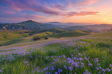 Stunning Sunset Over Hills Covered with Purple Wildflowers