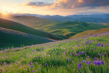 Obraz premium Breathtaking Sunset Over Green Rolling Hills and Wildflower Meadow