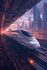 highspeed bullet train, sleek design, traveling through a technolandscape at dusk