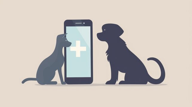 Dog and cat silhouette smart phone. Veterinary care health treatment. Clinic online doctor vet center analysis. AI generated