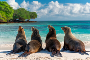 Fototapeta premium Group of Sea Lions Lounging on Tropical Beach