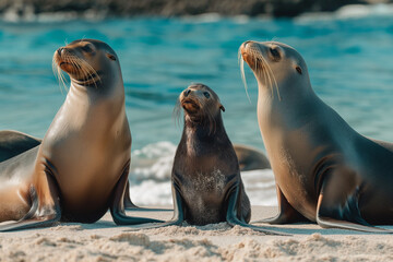 Sea Lion Family on Sunny Beach Shore