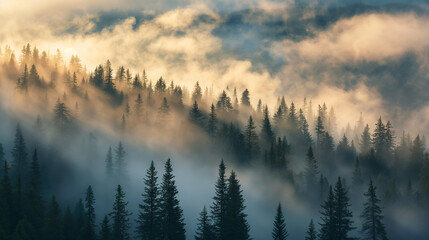 Misty Sunrise Over Dense Pine Forest