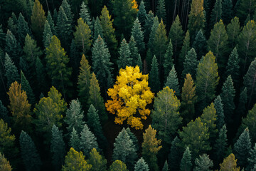 Fototapeta na wymiar Lone Yellow Tree Among Dense Green Forest Aerial View