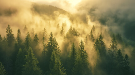 Early morning sun rays break through the mist in a mountain forest, casting a warm glow that gently awakens the dense canopy of trees, creating a serene and dreamlike atmosphere. - obrazy, fototapety, plakaty