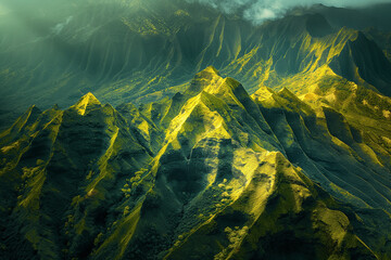 Majestic Sunlit Mountain Peaks Aerial View