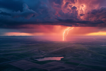 The drama of a thunderstorm unfolds over patchwork fields, where a bolt of lightning pierces the twilight, illuminating a landscape caught between day and storm's shadow. - obrazy, fototapety, plakaty