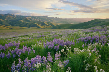 Fototapeta premium Serene Wildflower Meadow with Rolling Hills at Sunrise