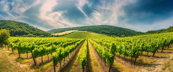 Expansive rows of lush vines stretch across a picturesque landscape, embraced by the soft light of...