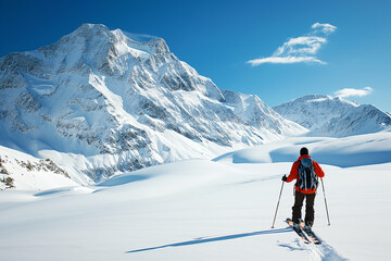 A solitary figure ascends a snow-blanketed ridge, with the sun casting a radiant glow over the untouched peak ahead, encapsulating the essence of solitude and the spirit of mountaineering.