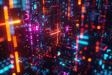 Digital consciousness abstract in a futuristic cityscape, glowing AI networks, neon architecture, closeup, high saturation, dark background - obrazy, fototapety, plakaty