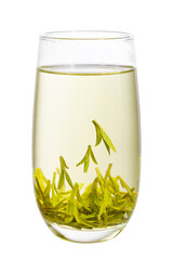 a cup of Chinese green tea Longjing isolated on white background.