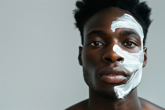A serene young man with a face mask artfully applied, capturing a moment of his grooming ritual against a soft, neutral backdrop.