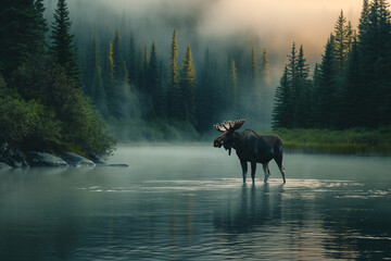 In the hushed light of dawn, a moose surveys its misty domain from the calm waters, a mystical scene where the wilderness wakes.
