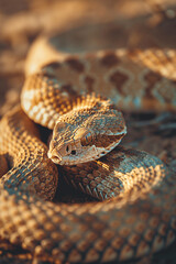 A close-up of a coiled rattlesnake, poised and alert, with detailed scales highlighted by the soft glow of sunlight. Captures the essence of wild beauty and potential danger.